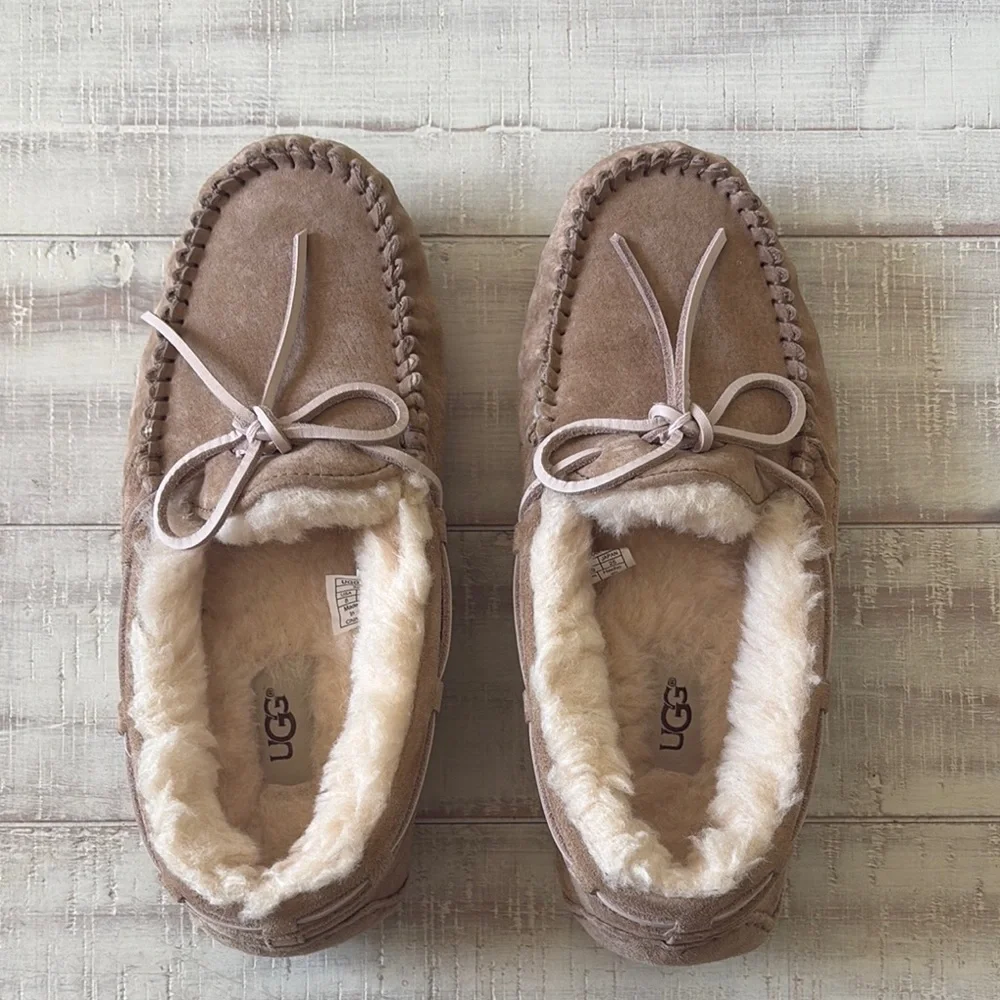 UGG Tan Shearling Moccasin Slippers - Picture 2 of 7